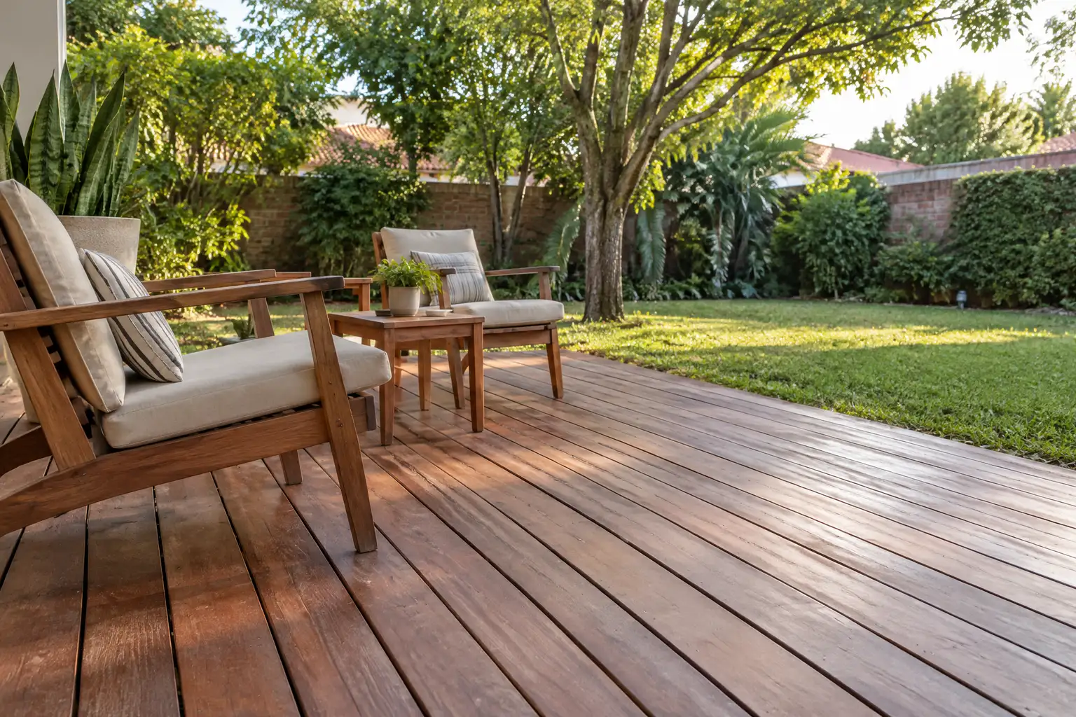 Referencia ilustrativa de deck de madera en un jardín de Gran Asunción con sillones de madera