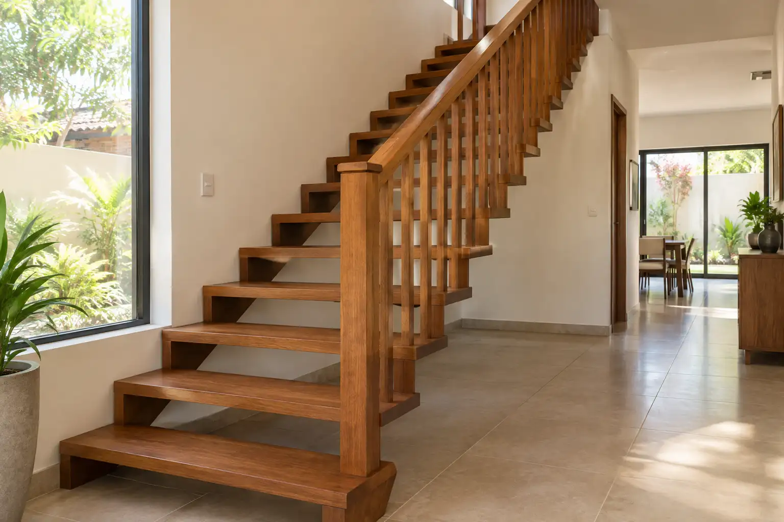 Referencia ilustrativa de escalera de madera con baranda en el interior de una casa en Asunción
