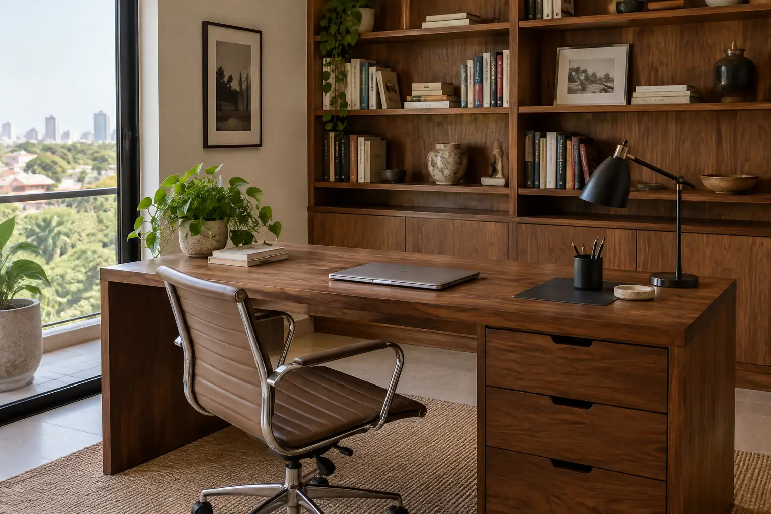 Referencia ilustrativa de escritorio y biblioteca de madera a medida en una oficina en casa