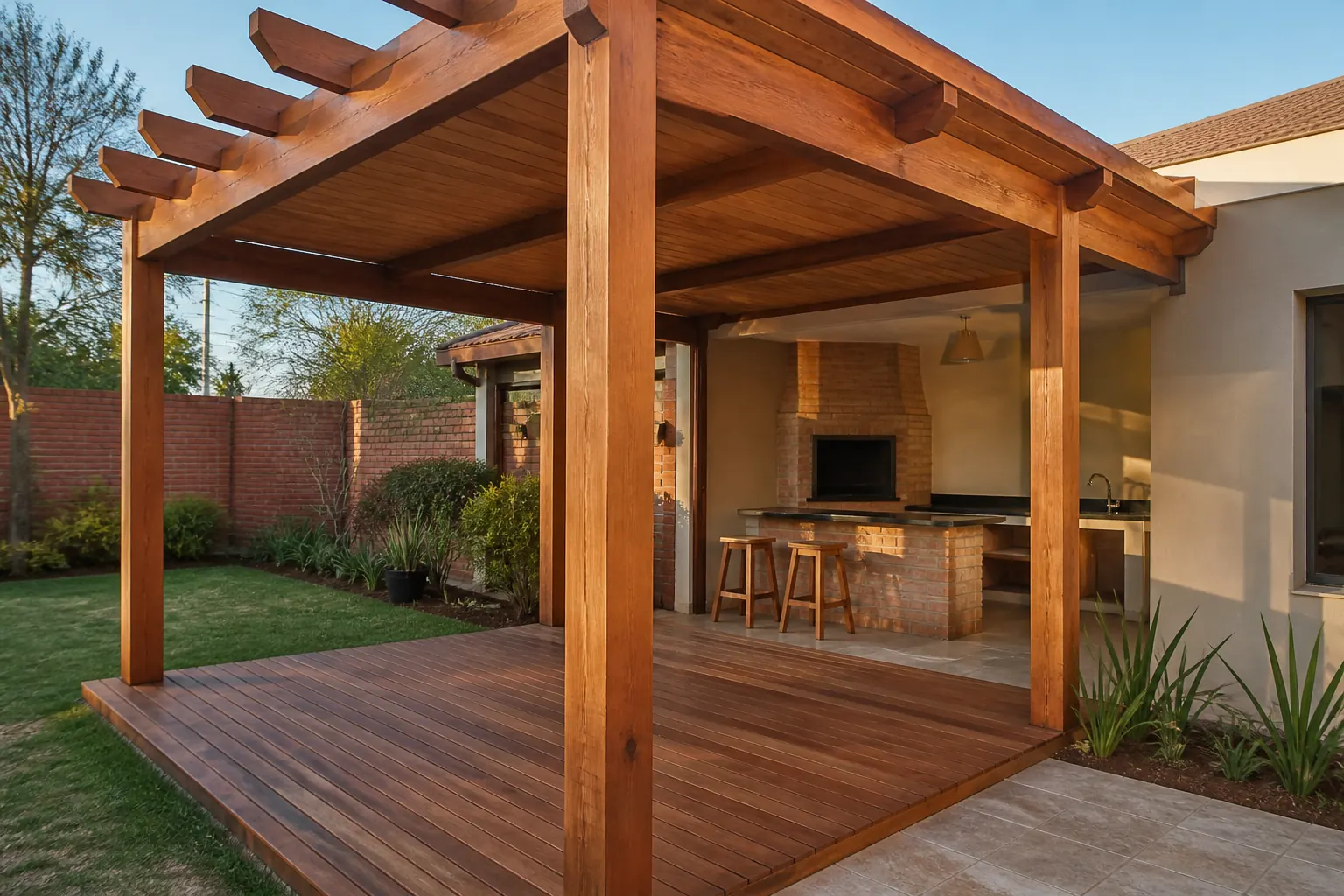 Referencia ilustrativa de pérgola de madera junto a quincho en Gran Asunción