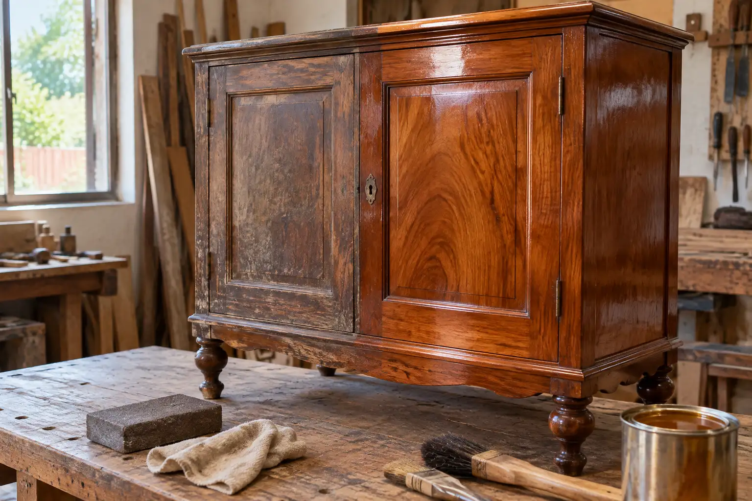 Referencia ilustrativa de mueble de madera en restauración con lustre en un taller de carpintería