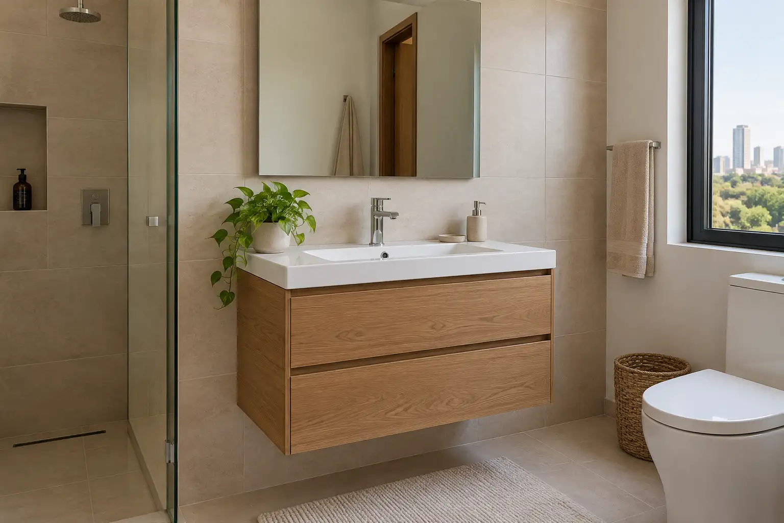 Referencia ilustrativa de vanitory de madera con lavatorio y espejo en un baño de Asunción